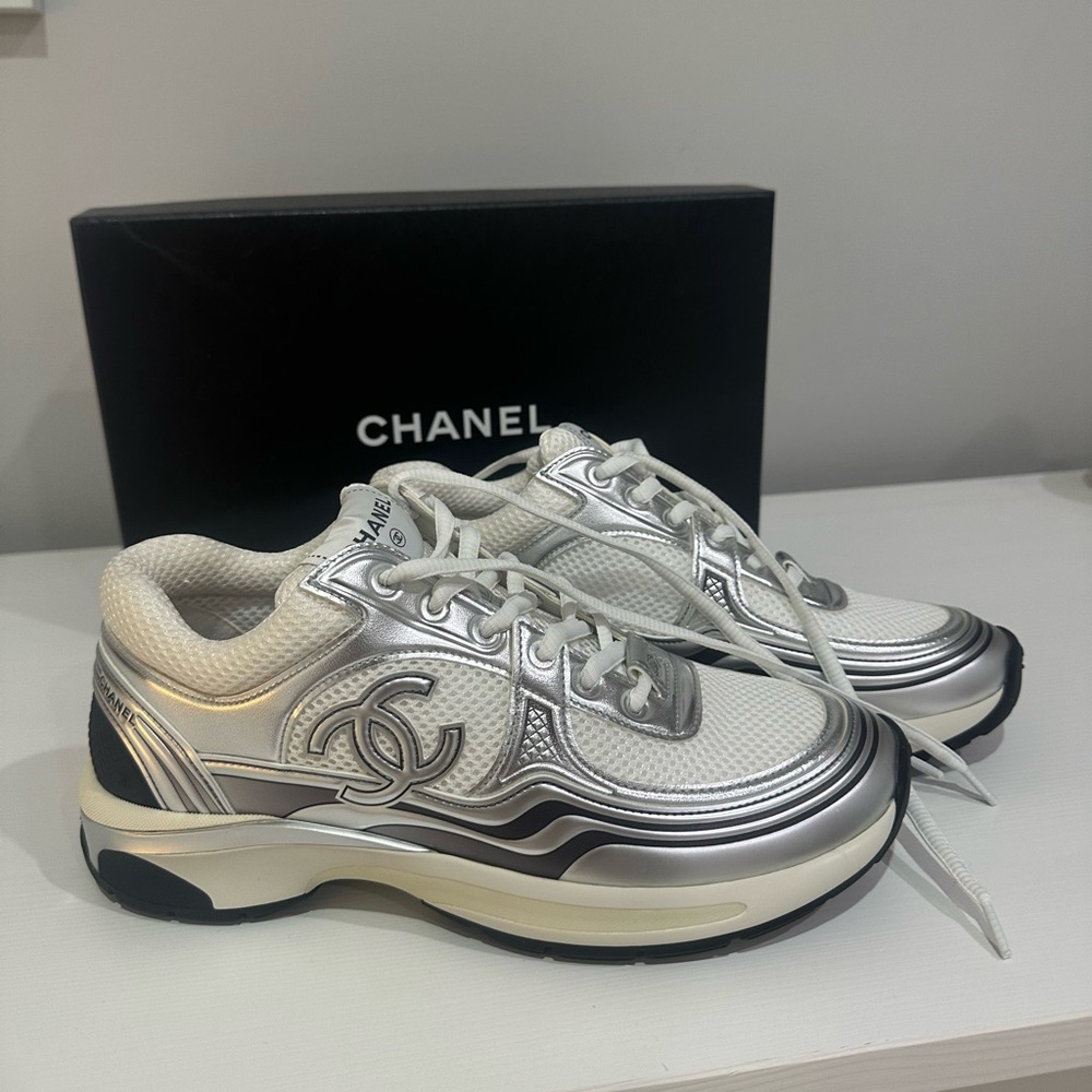 CHANEL White and Silver Athletic Shoes